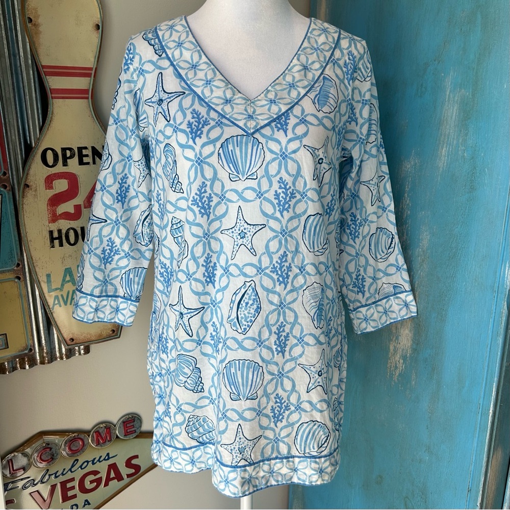Gretchen Scott Blue Sea Shell Patterned Cotton Tunic Blouse Coastal Nautical